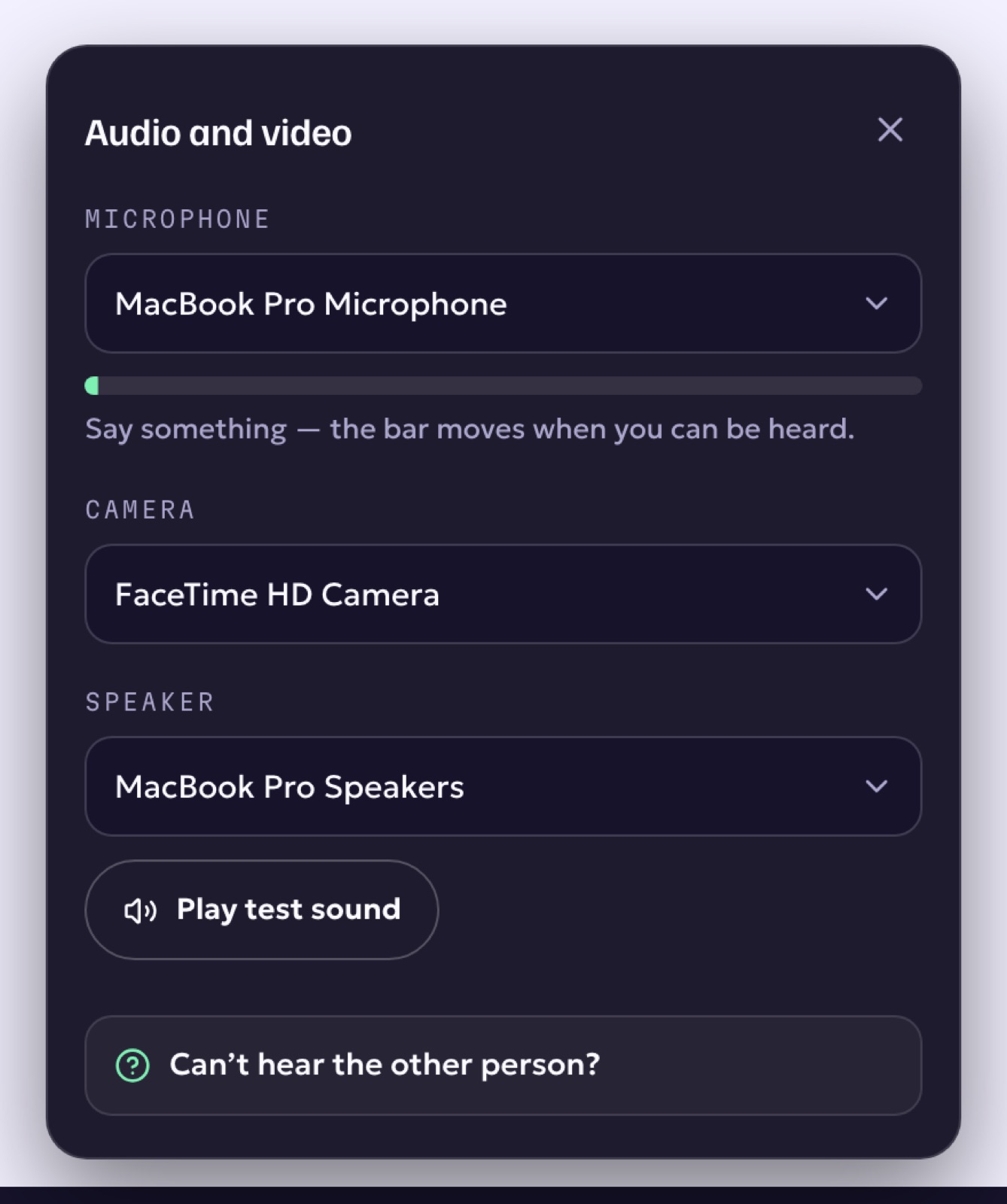 The Audio and video settings with microphone, camera, speaker and a test sound button
