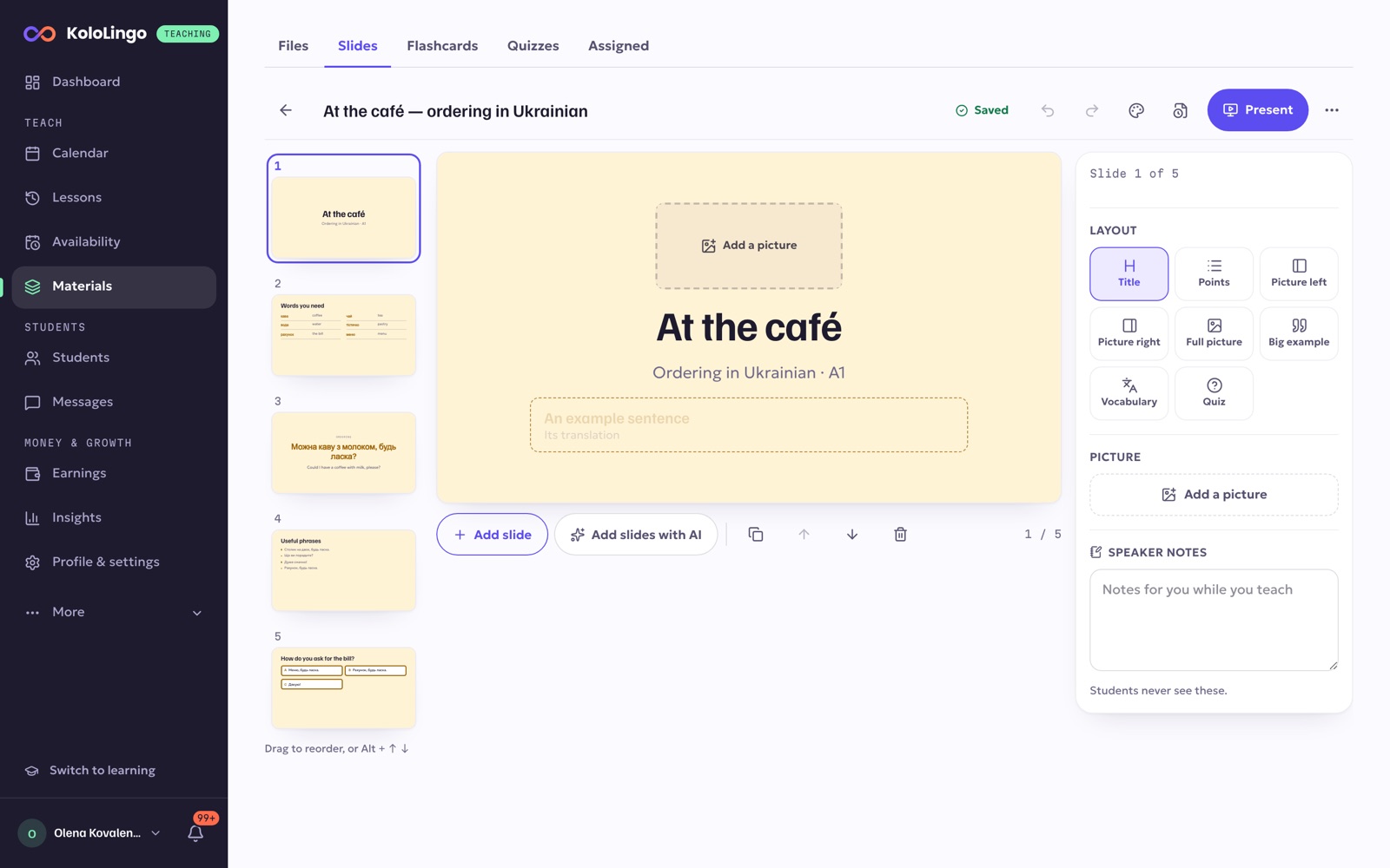 The slide editor with the slide list and editing tools