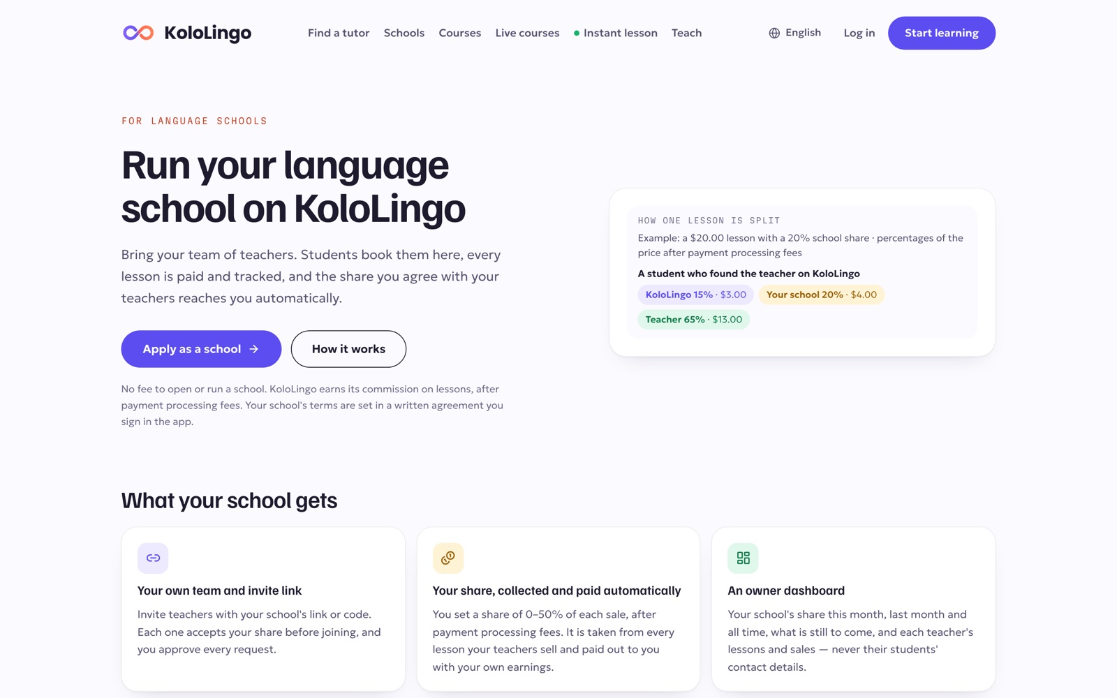 The For schools page on KoloLingo