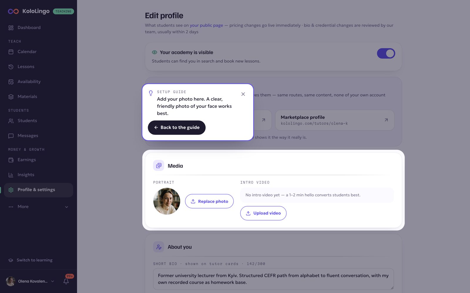 The profile page with the photo section highlighted and a Back to the guide button