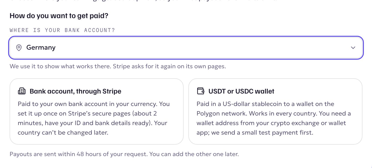 The Get paid step with a country picker and two choices: bank account through Stripe, or a USDT or USDC wallet