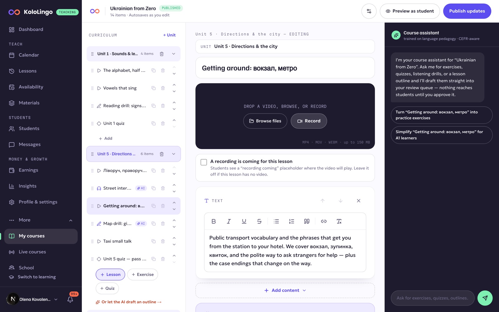 The course builder with a lesson's text block and the Add content button
