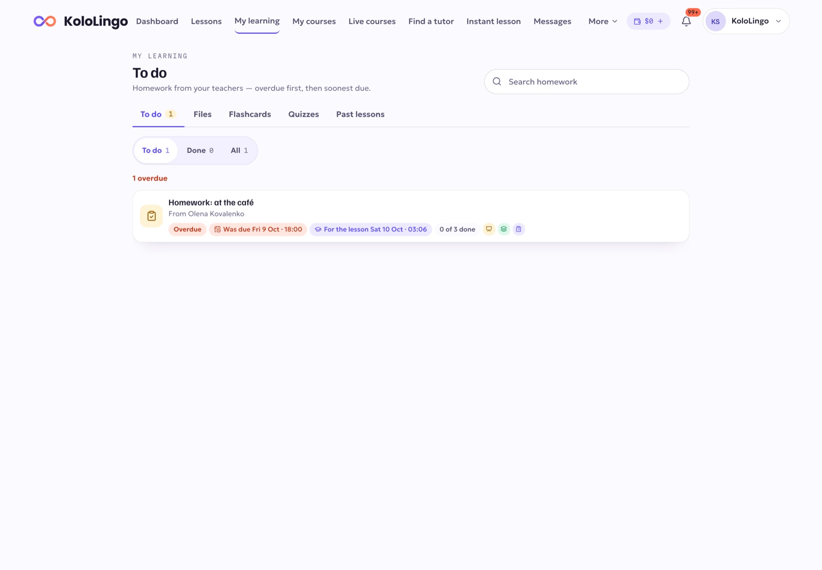 A student's My learning page with homework to do