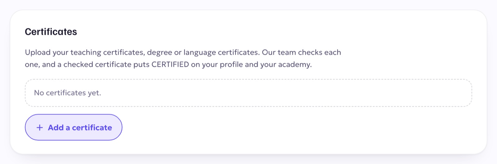 The Certificates section of the teacher profile with the Add a certificate button