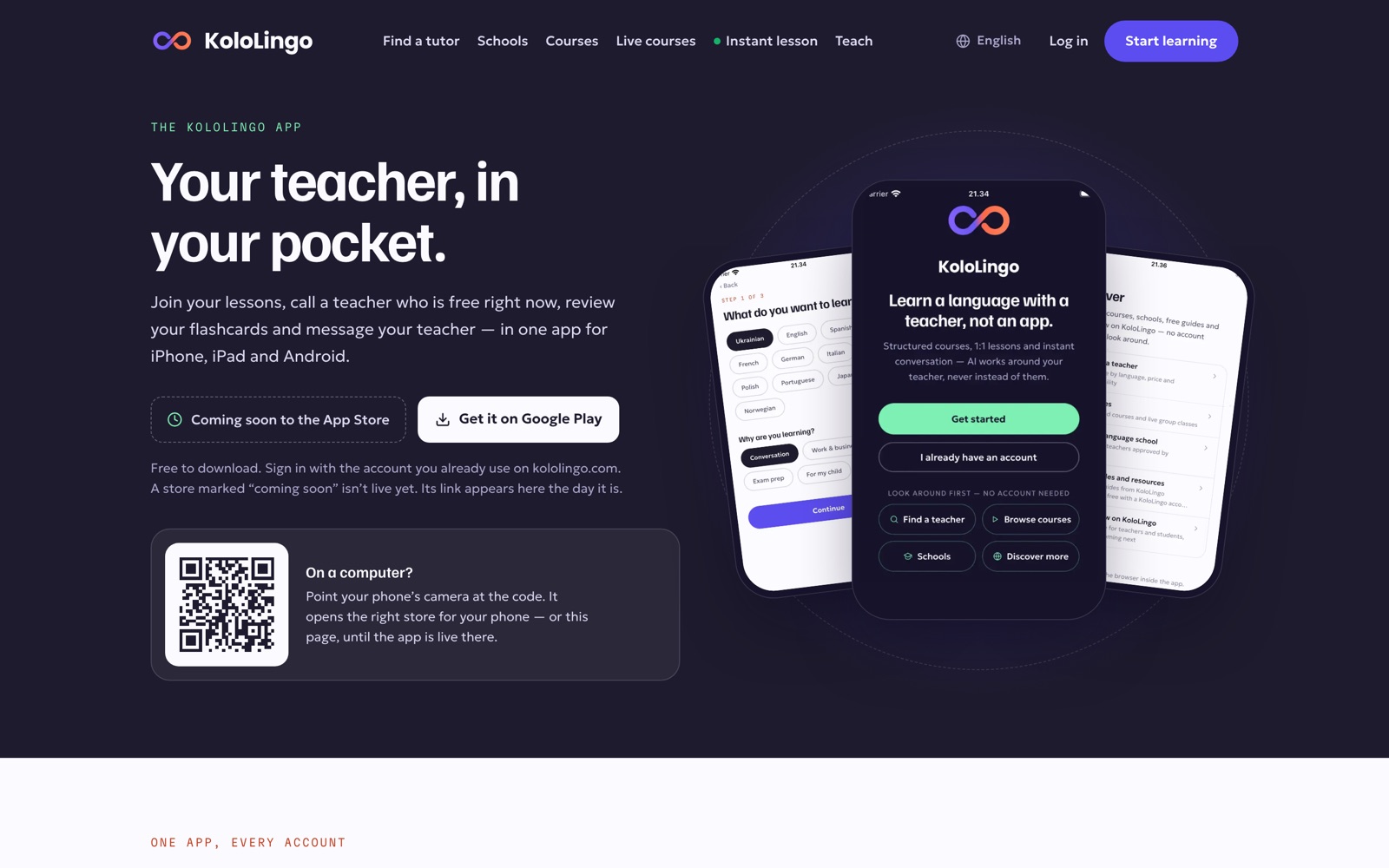 The KoloLingo app page with the Google Play button and a QR code