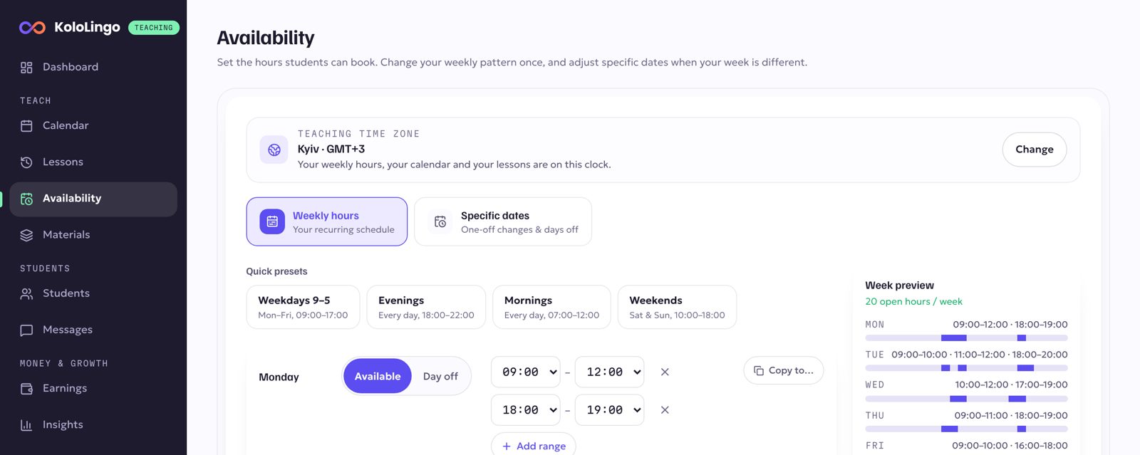 The Availability page with the Teaching time zone and its Change button