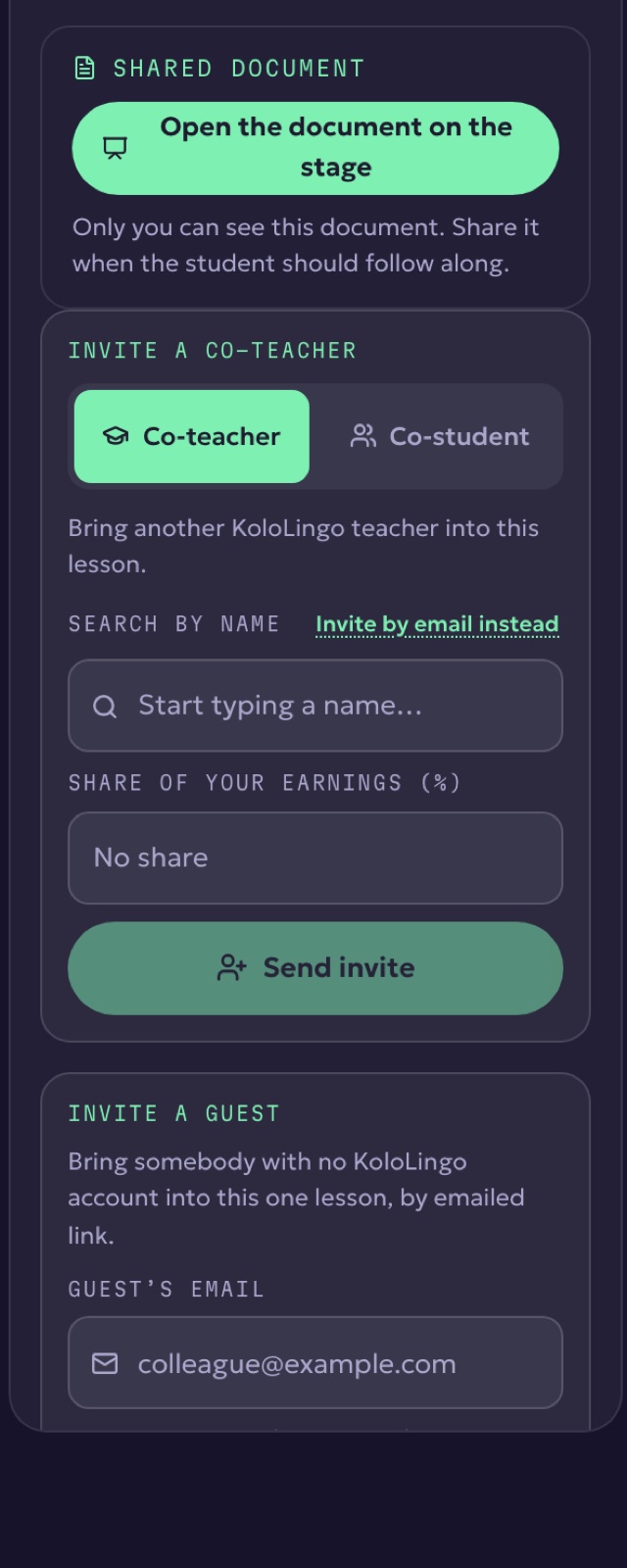 The Invite a guest section under the co-teacher invite
