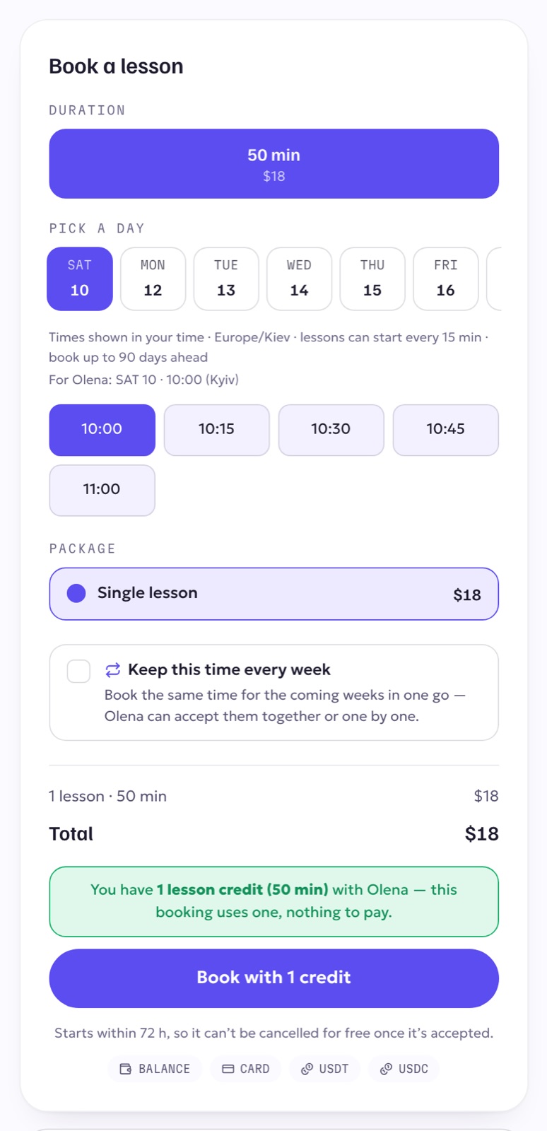 The booking card with the Keep this time every week option