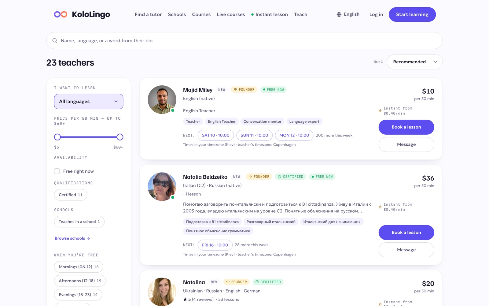 The Find a tutor page with time chips on each teacher