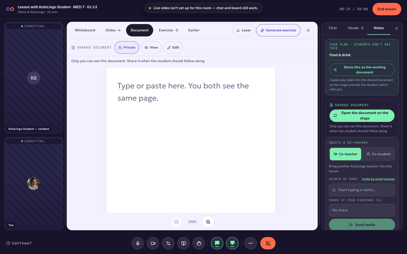 The Document tab on the classroom stage with a shared page
