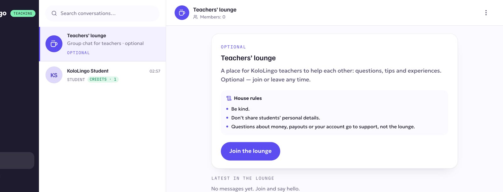The Teachers' lounge pinned at the top of Messages, with the house rules and the Join the lounge button