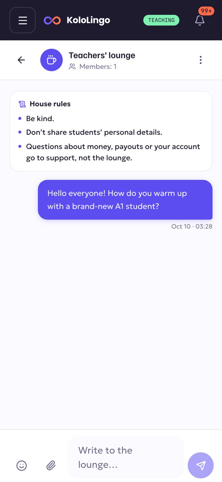 The Teachers' lounge on a phone, with a message and the box to write to the lounge